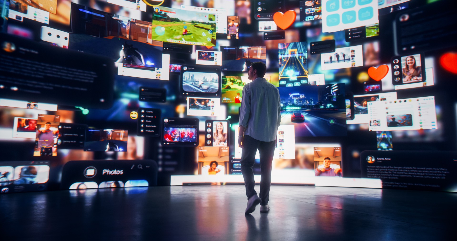 Backview Of Caucasian Man Looking at Animated Stream Of Content. Visualization Of Browsing Metaverse Big Data with Viral Videos, Social Media Profiles with Influencers, and Internet Communities.